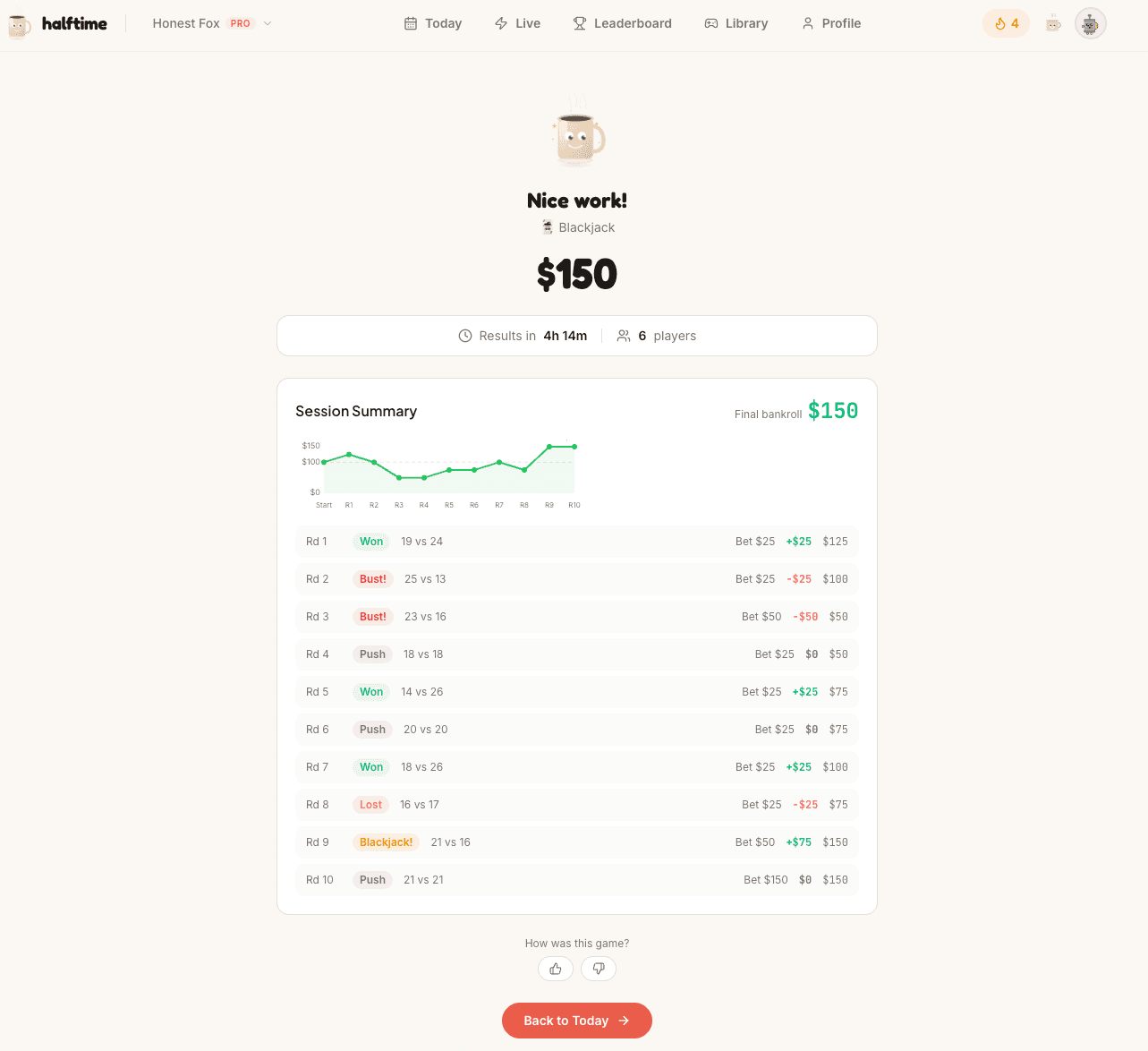Blackjack game results showing session summary with round-by-round breakdown