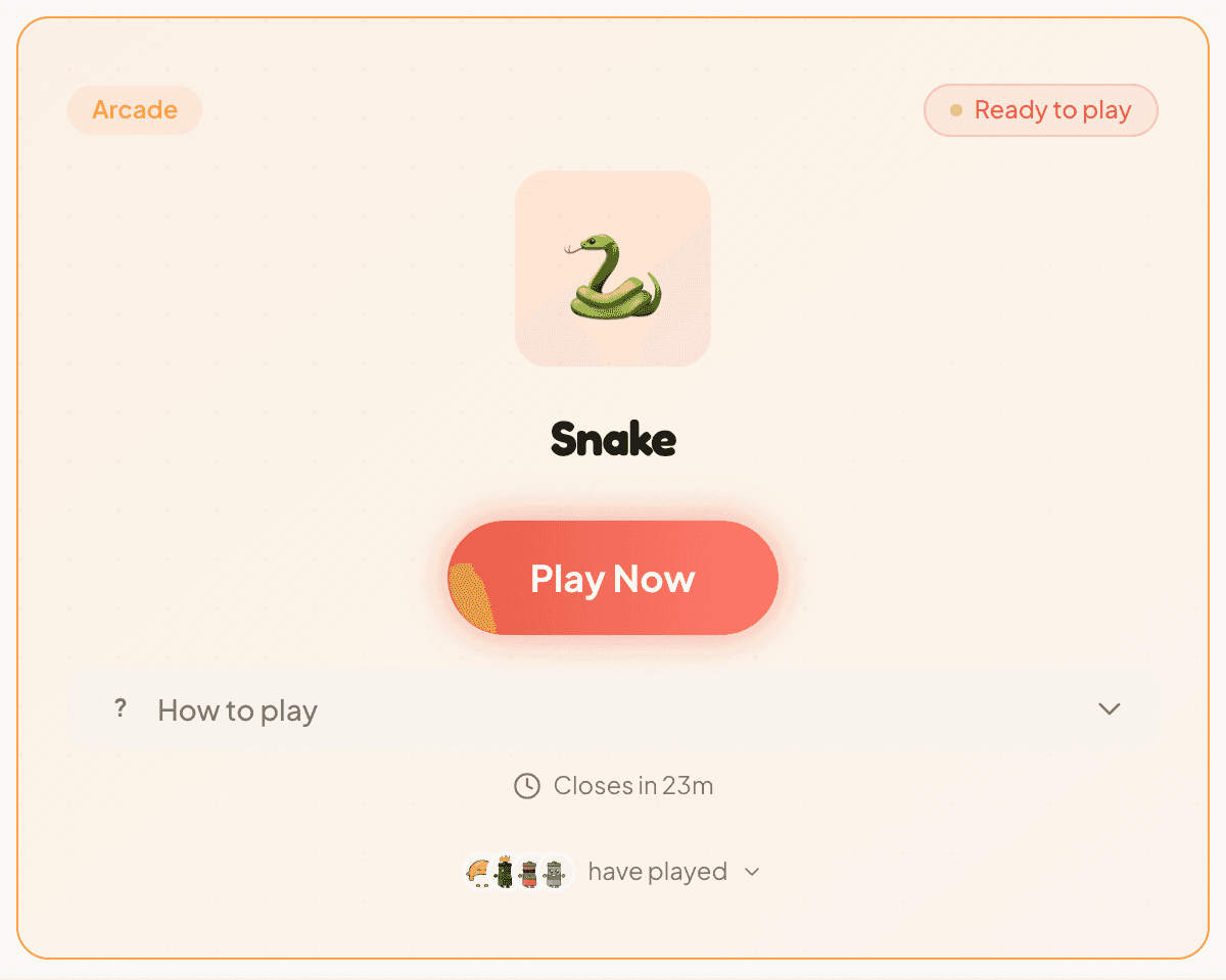 Snake game card showing Play Now button with team members who have played