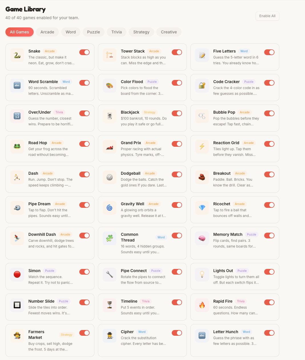 Halftime game library showing 40 games across arcade, word, puzzle, trivia, strategy, and creative categories