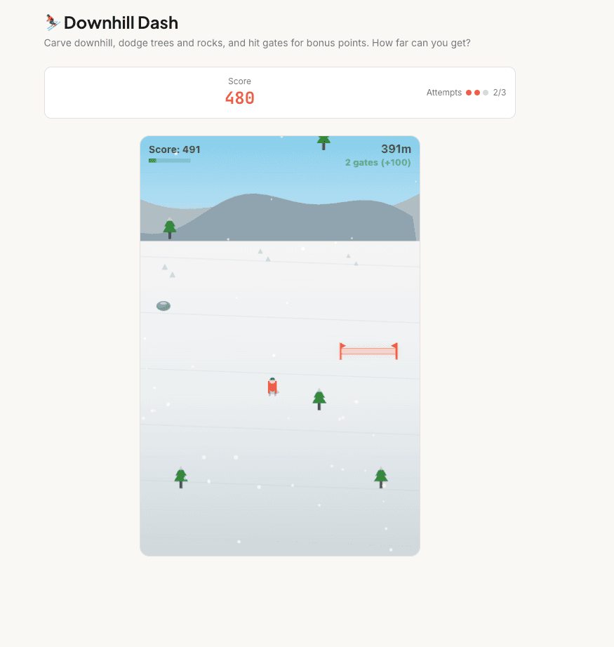 Downhill Dash gameplay — dodging trees and rocks on a ski slope