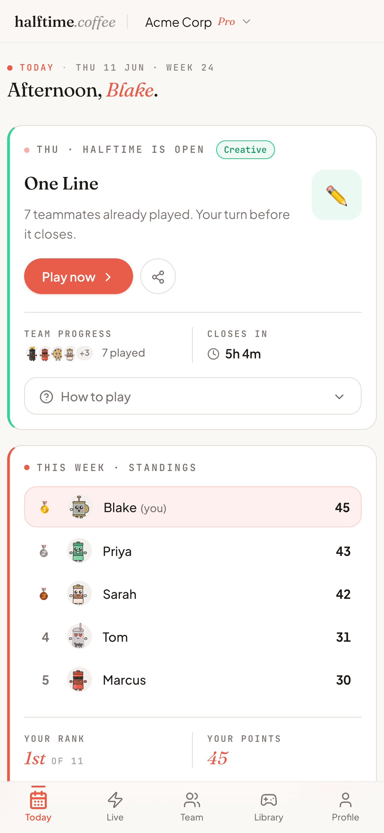 Mobile Halftime Today screen showing the daily game card and weekly standings