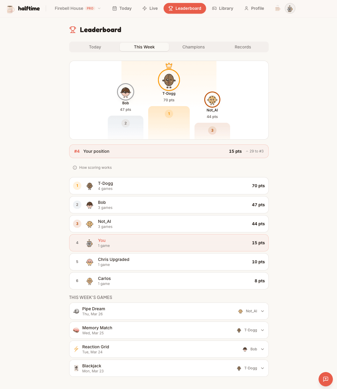 Halftime leaderboard showing team rankings, podium, and weekly game history