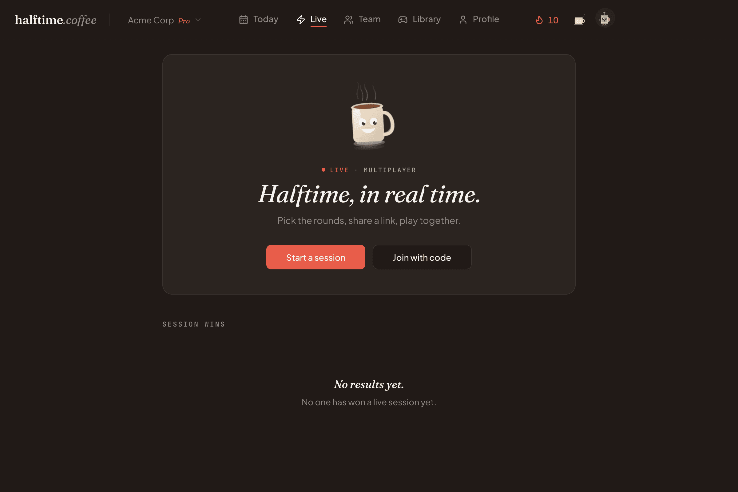 Live sessions entry page in dark mode with the Halftime mascot, the headline Halftime in real time, and Start a session and Join with code calls to action