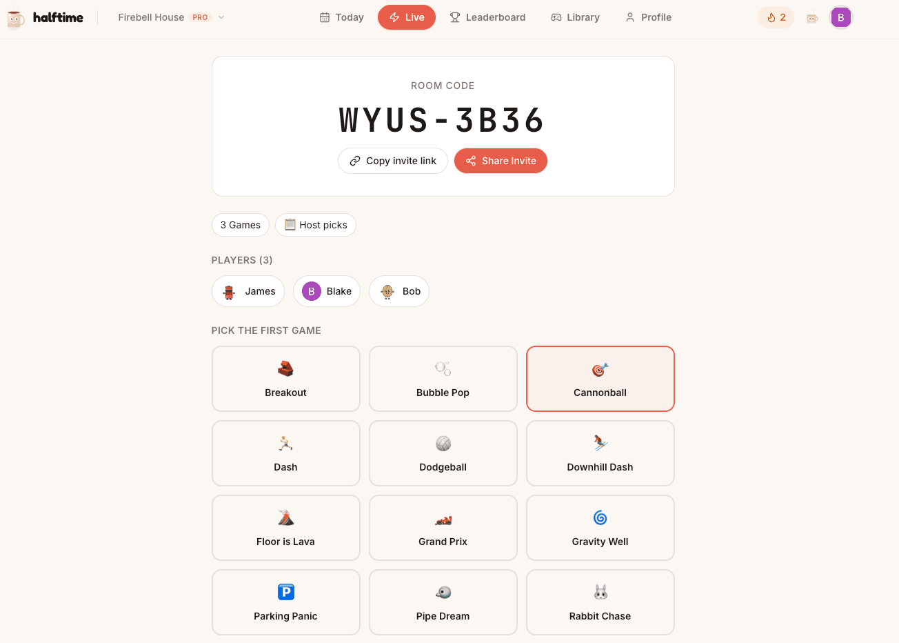 Live session lobby with room code, players joined, and game picker
