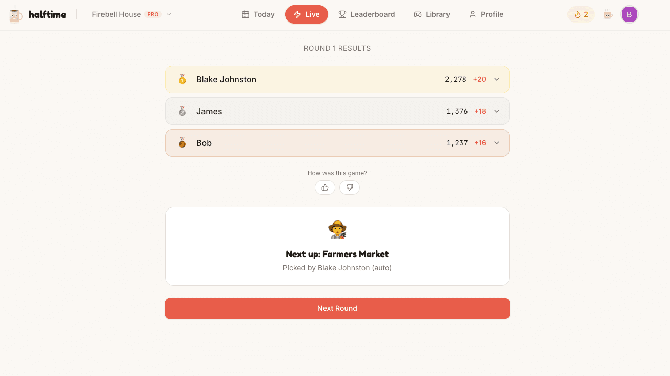 Live session round results showing scores and next game queued up