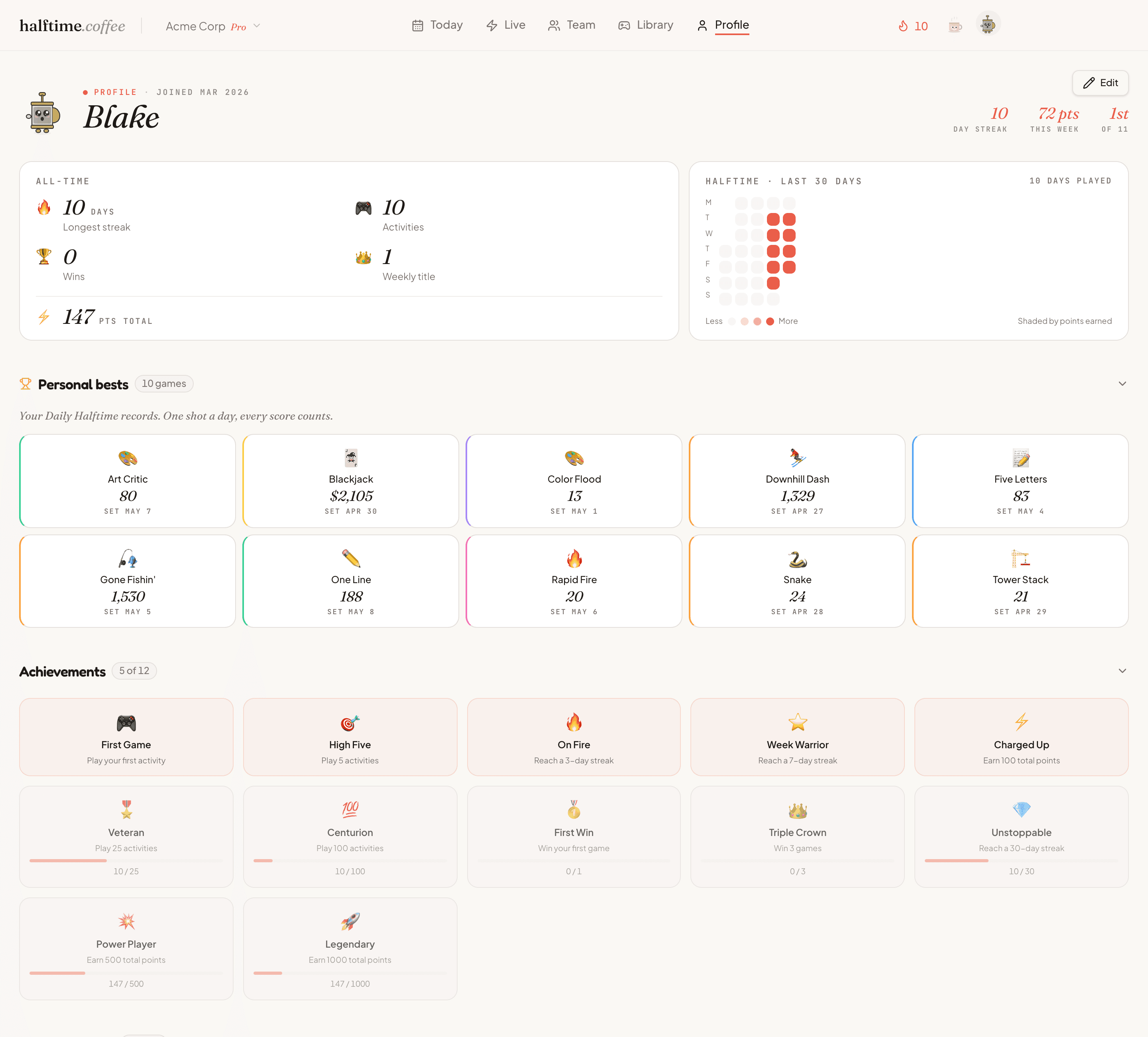 Profile page showing day streak, weekly points, personal bests across ten games, and the achievements grid