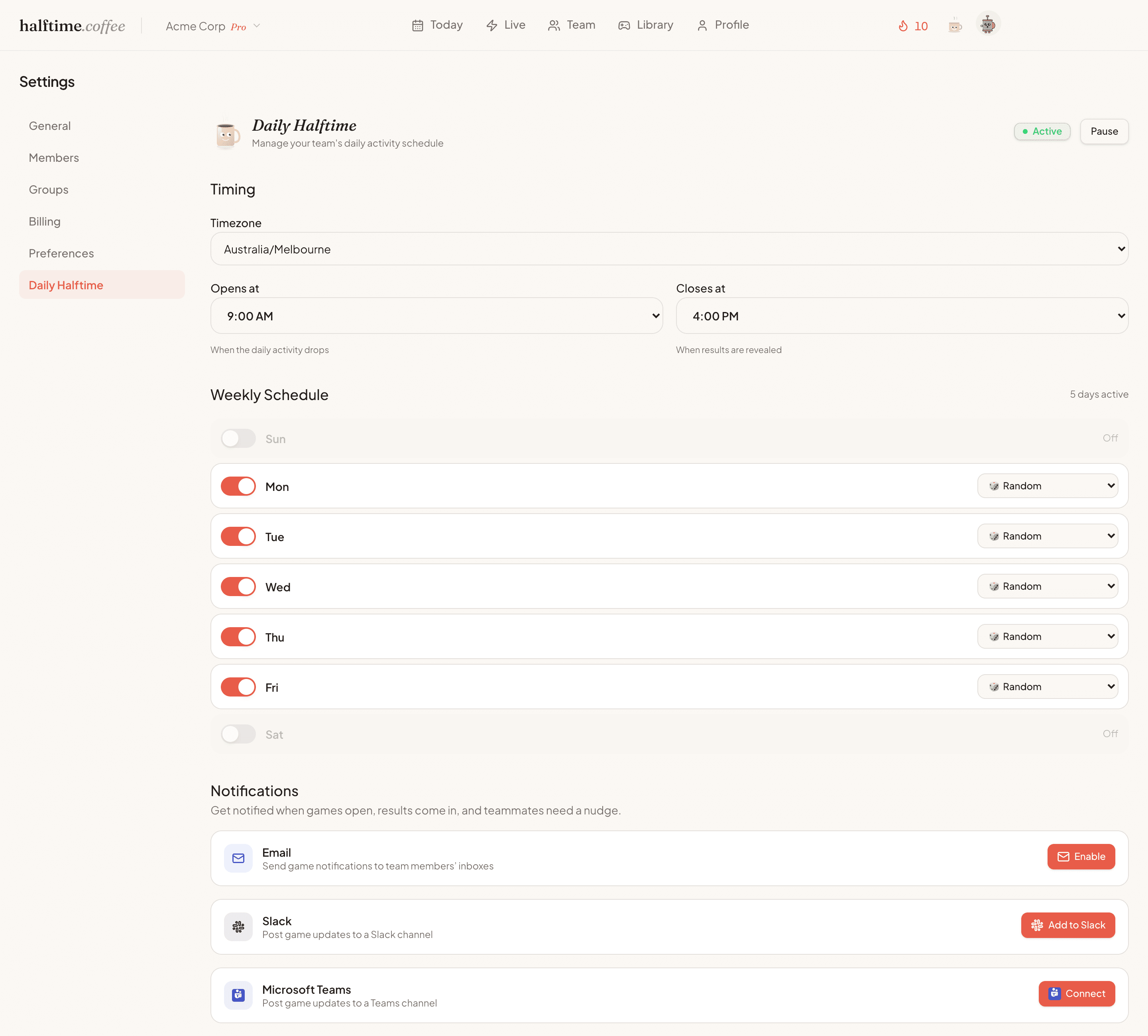Daily Halftime settings panel showing timezone, opens-at and closes-at times, weekday schedule toggles, and Slack and Microsoft Teams notification integrations
