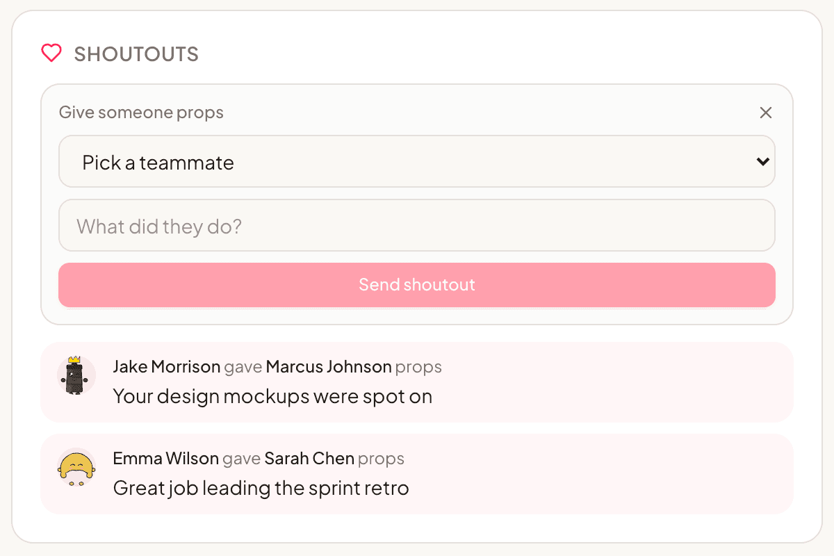 Shoutouts showing team members giving each other props for great work