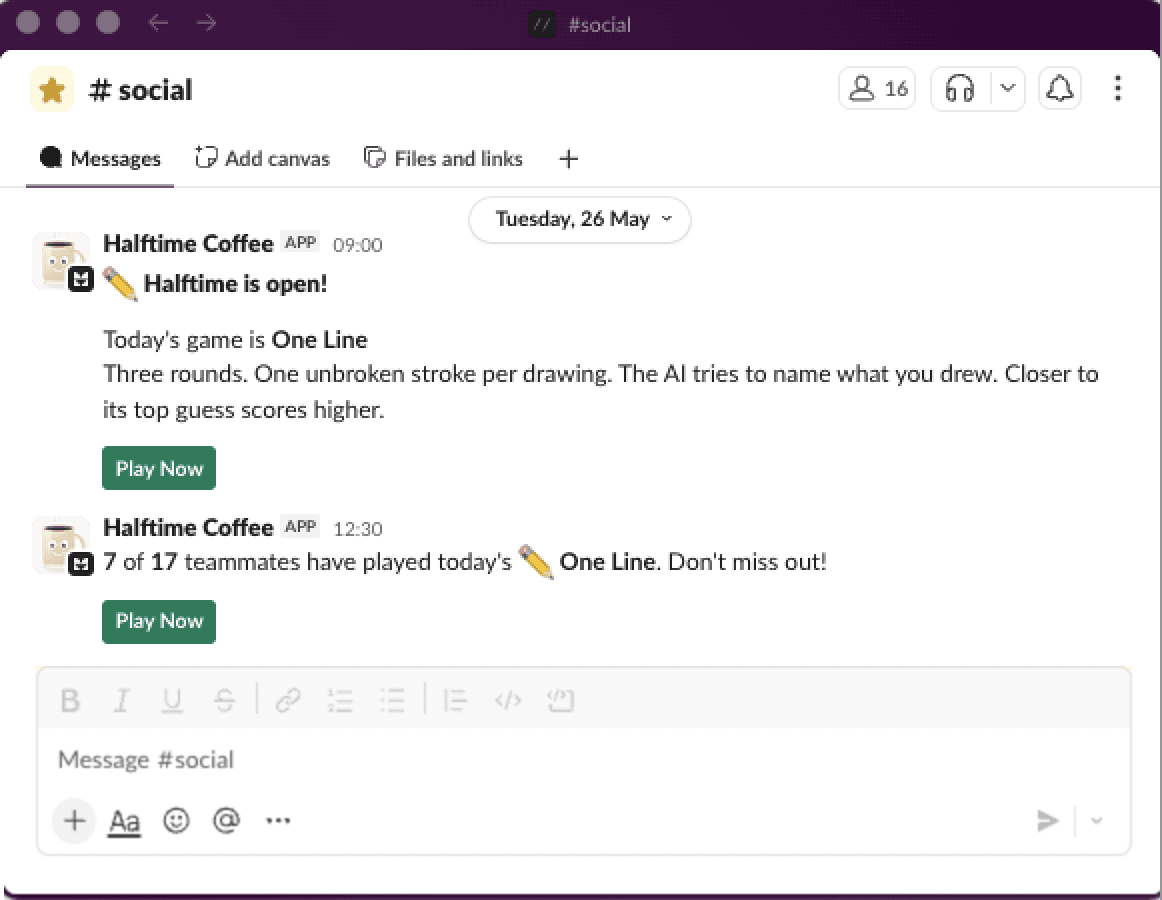 A Slack channel where Halftime has opened the day's game and posted that 7 of 17 teammates have played.