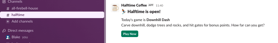Slack notification showing today's Halftime game is ready
