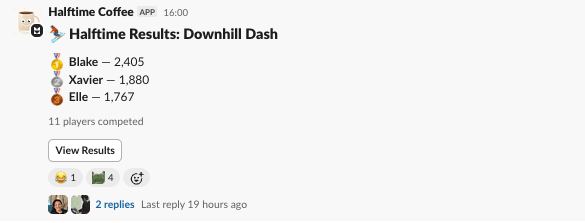 Slack message showing Halftime results with scores and reactions