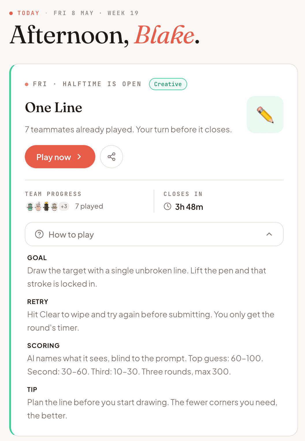 One Line daily game card with Play now button, team progress, and countdown