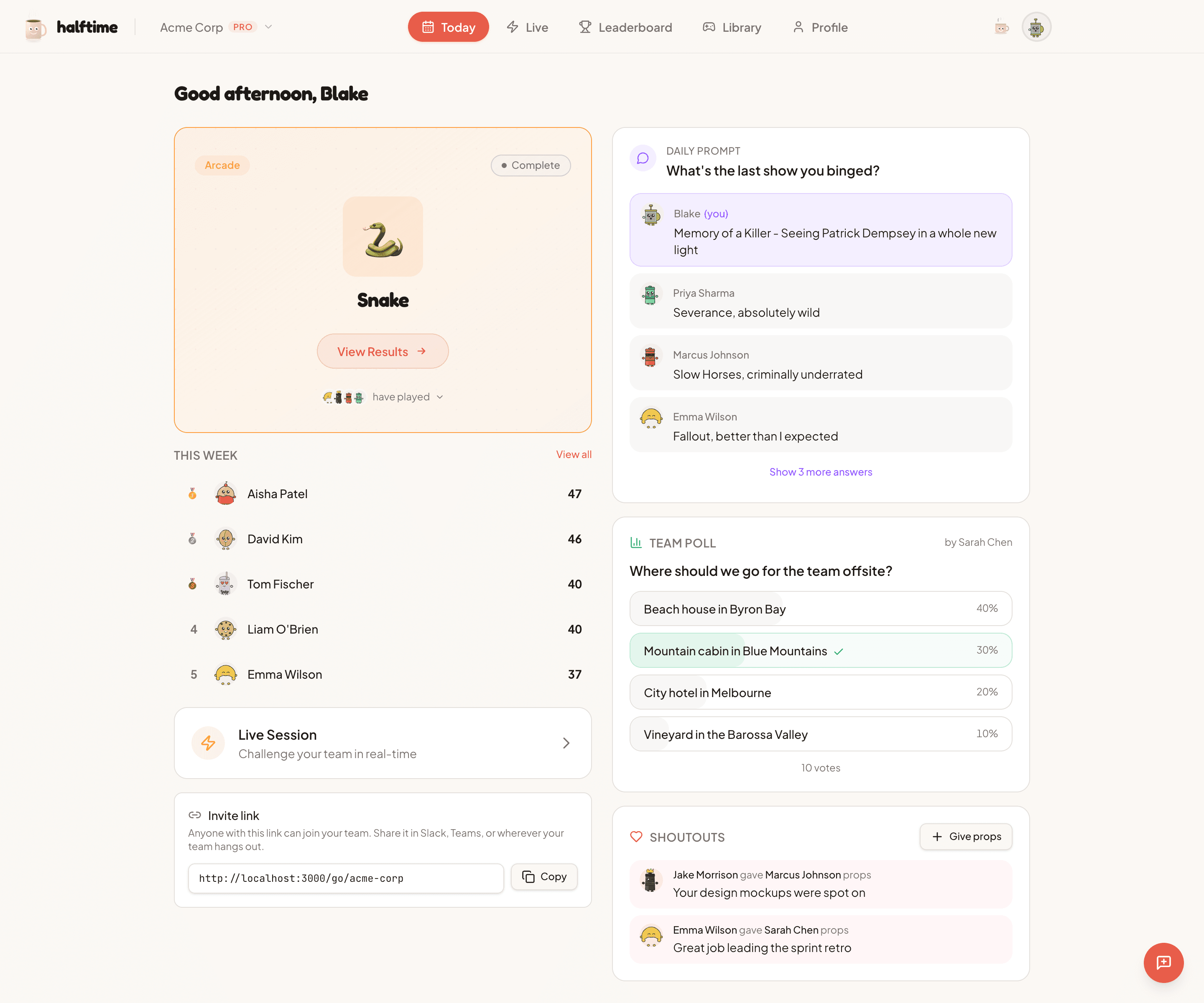 Halftime dashboard showing today's game, daily prompt with team answers, poll, and shoutouts