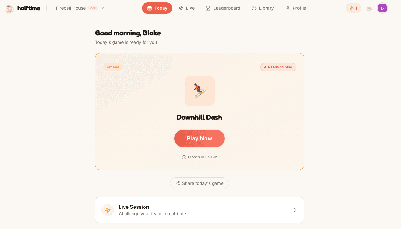 Halftime dashboard showing today's game ready to play