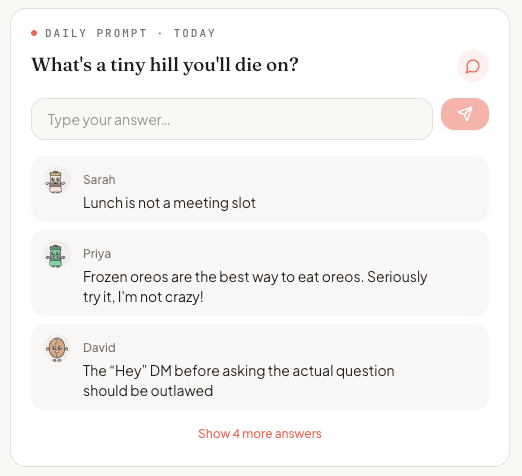 Halftime daily prompt showing teammate answers
